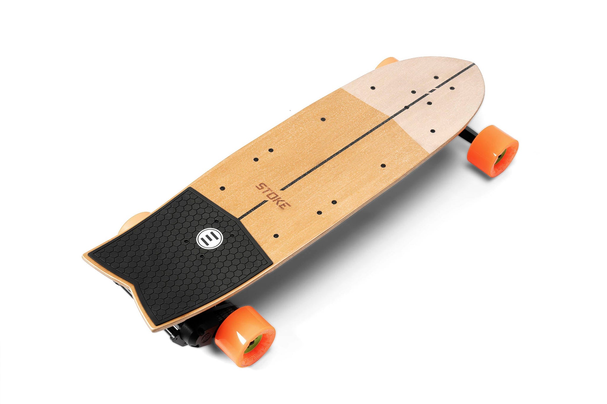 Photo of Evolve Skateboards Stoke Series 2, top board with orange wheels